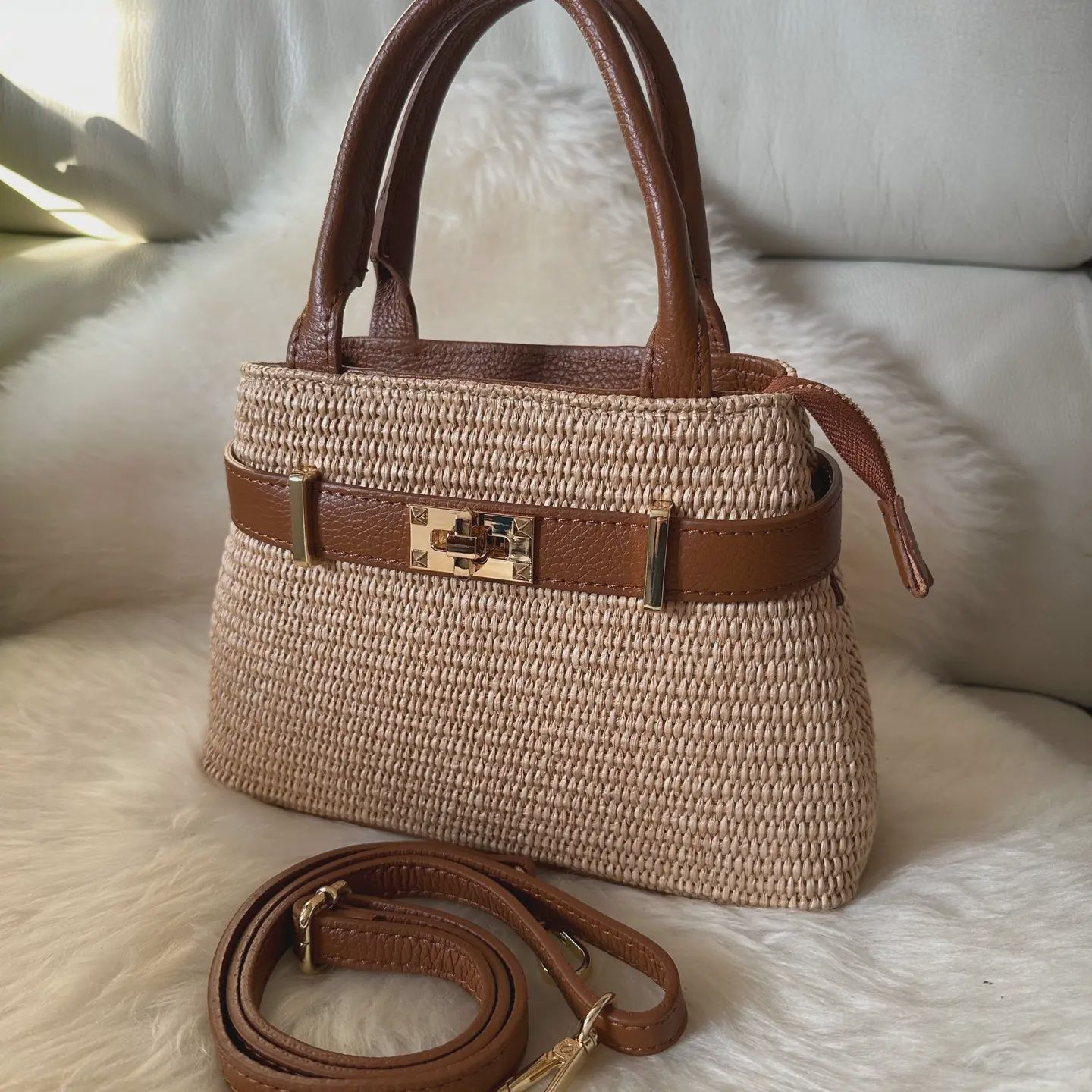 Bahama Leather and Raffia Bag, Color: Cognac