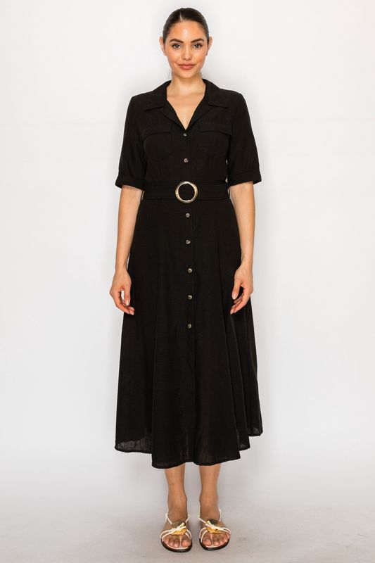 Linen Belted Shirt Dress | Black