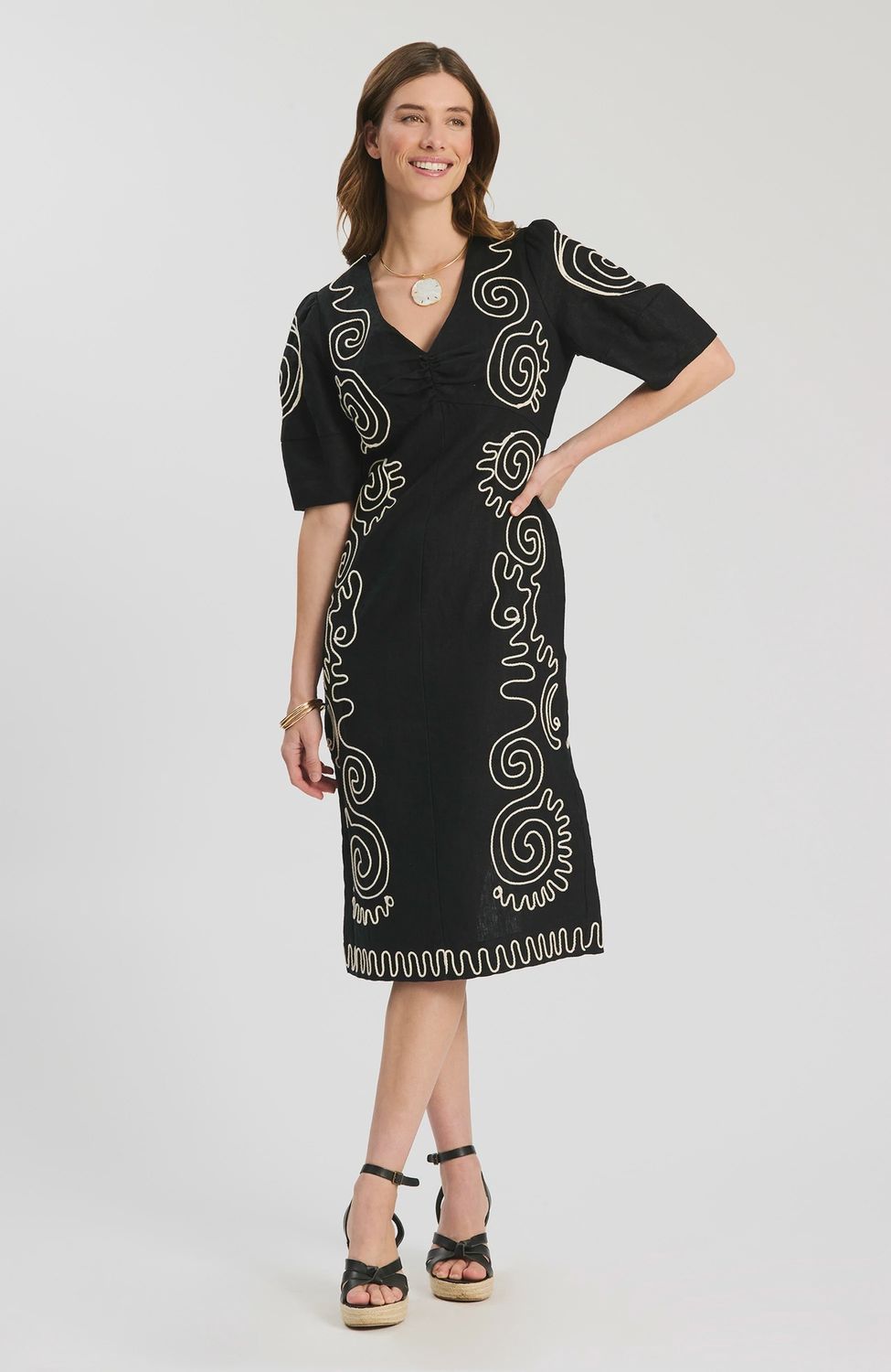 Posey Linen Embroidered Midi Dress, Size: XS