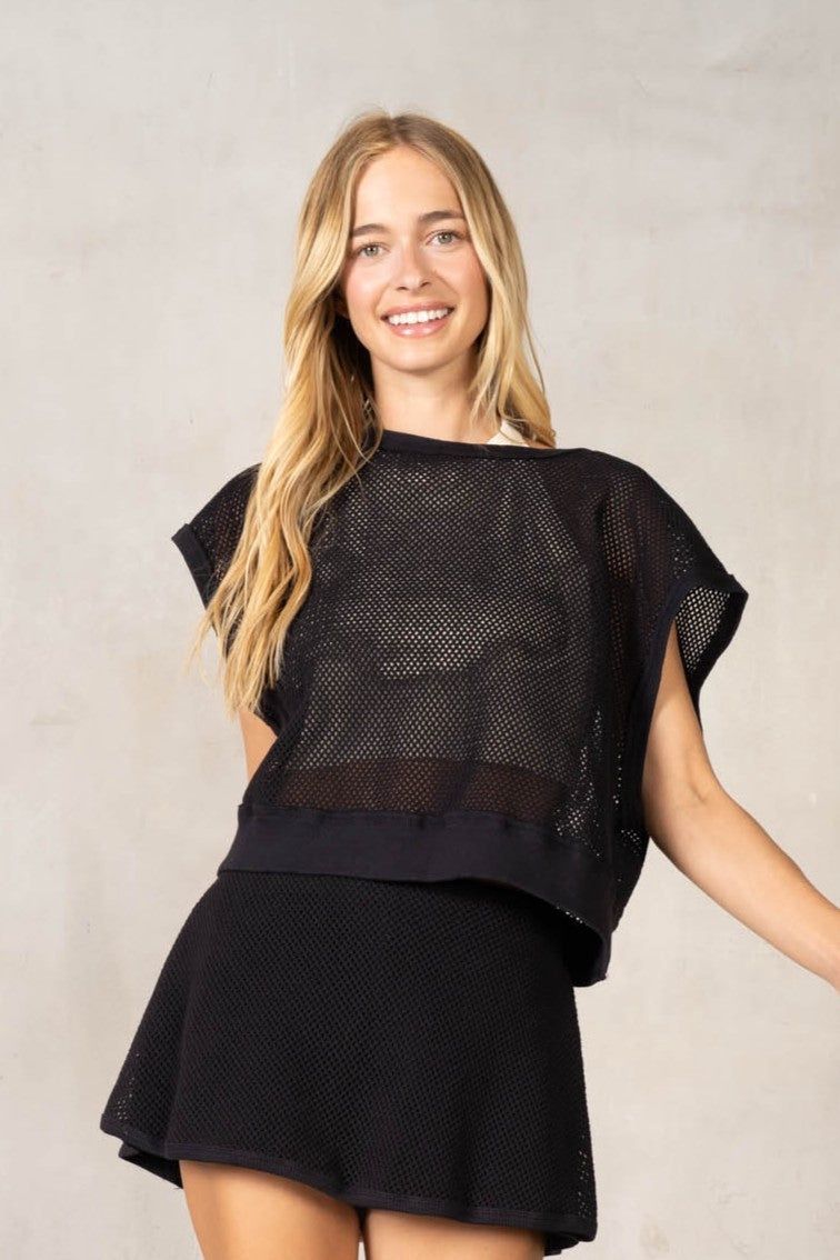 Mesh Drop Shoulder Top in Black