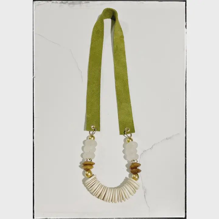 Suede Green Strap &amp; Bone Glass Bead Necklace