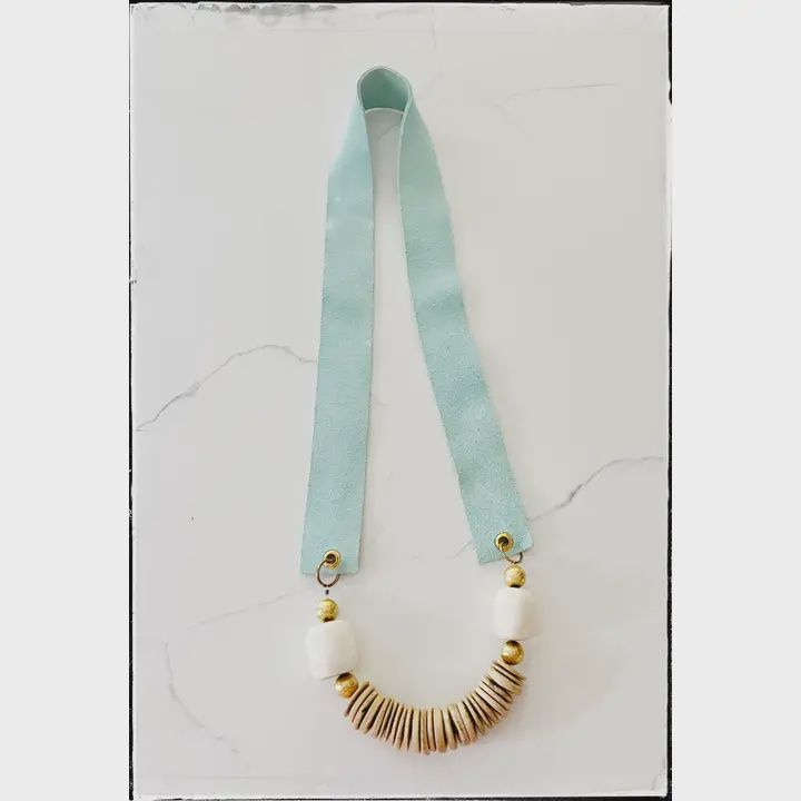 Suede Mint Strap &amp; Bone Glass Bead Necklace