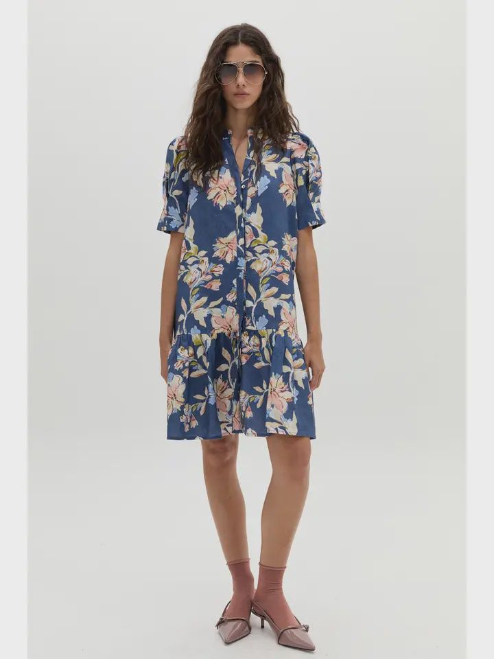 Athina Short Linen Dress in Blue Poppy, Size: XS