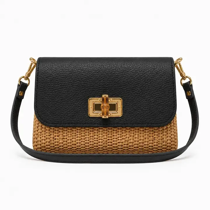Leather &amp; Raffia Crossbody Bag, Color: Black
