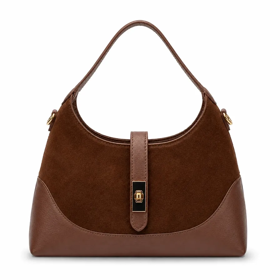 Leather &amp; Suede Shoulder Bag, Color: Camel