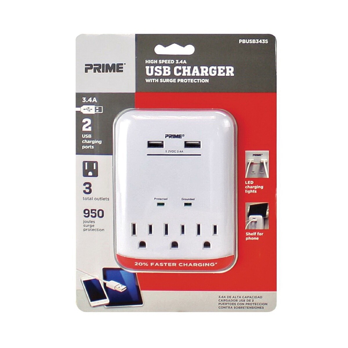 PBUSB343S SURGE TAP 3 OUTLET W/USB