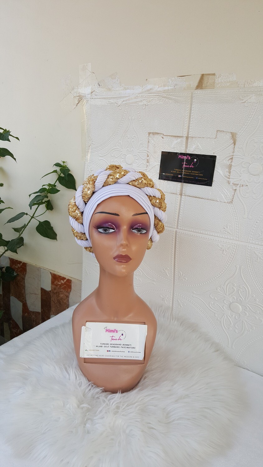 GOLD + WHITE. PRE-TIED  Handmade Turban for women