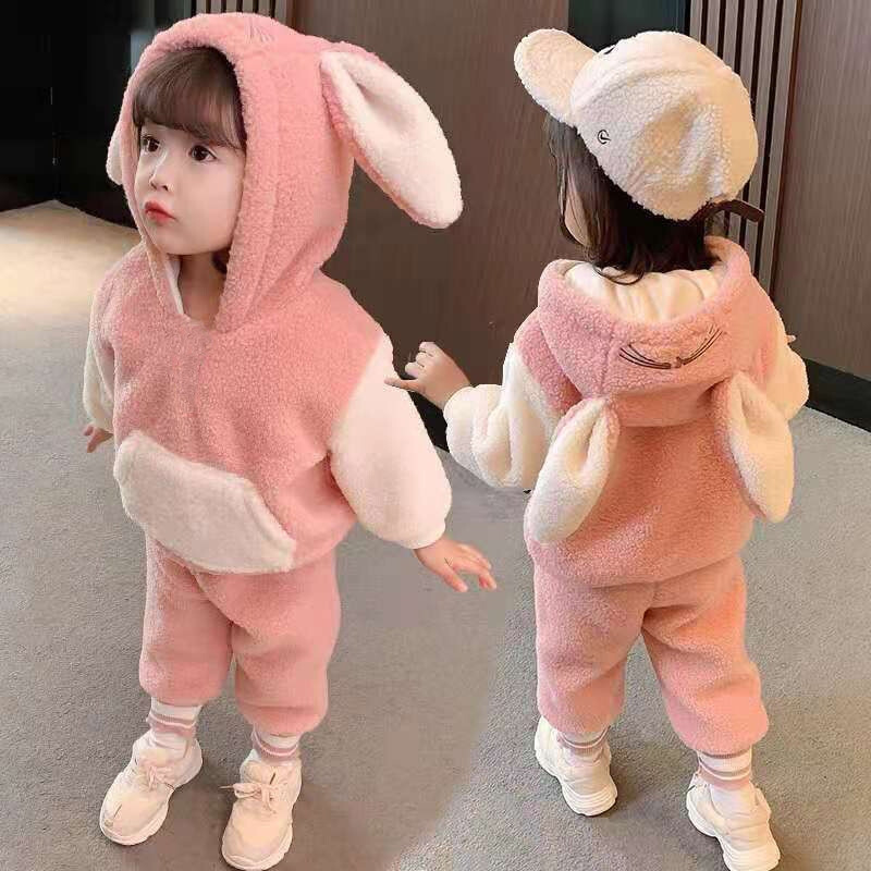 Children&#39;s Suit Winter Clothing Velvet Hooded Long-sleeved Jacket Warm Winter Two-piece