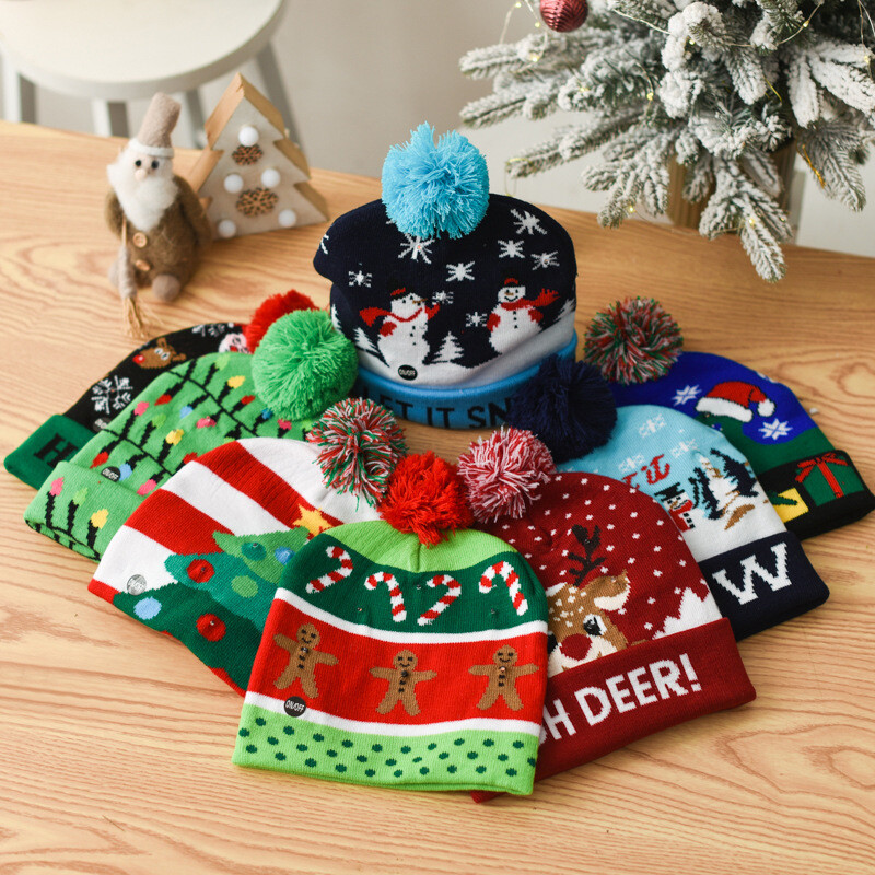 Christmas Decorations Flanging Ball Knitted Hat LED Light Cap Adult Children&#39;s Hat