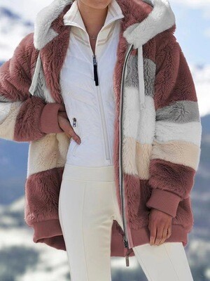 Hooded Loose Jacket Women Warm Plush With Zipper Pocket