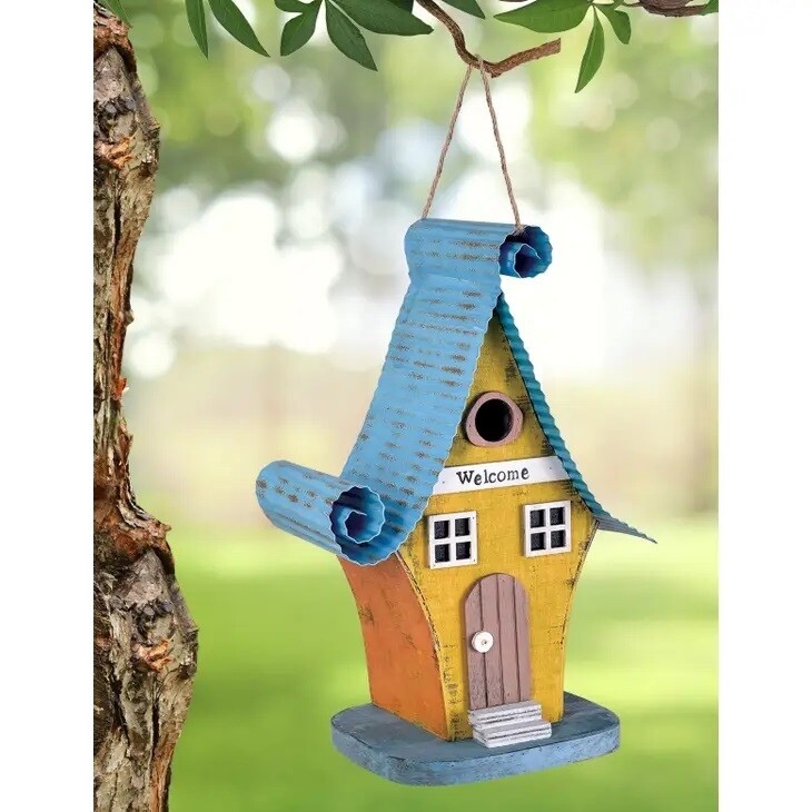 Cottage Birdhouse - Blue Yellow - Garden Décor