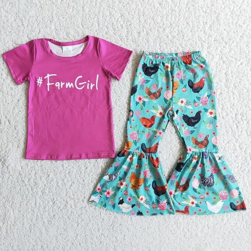 Farm Girl Chicken Bell Bottom Outfit - pants girls kids country