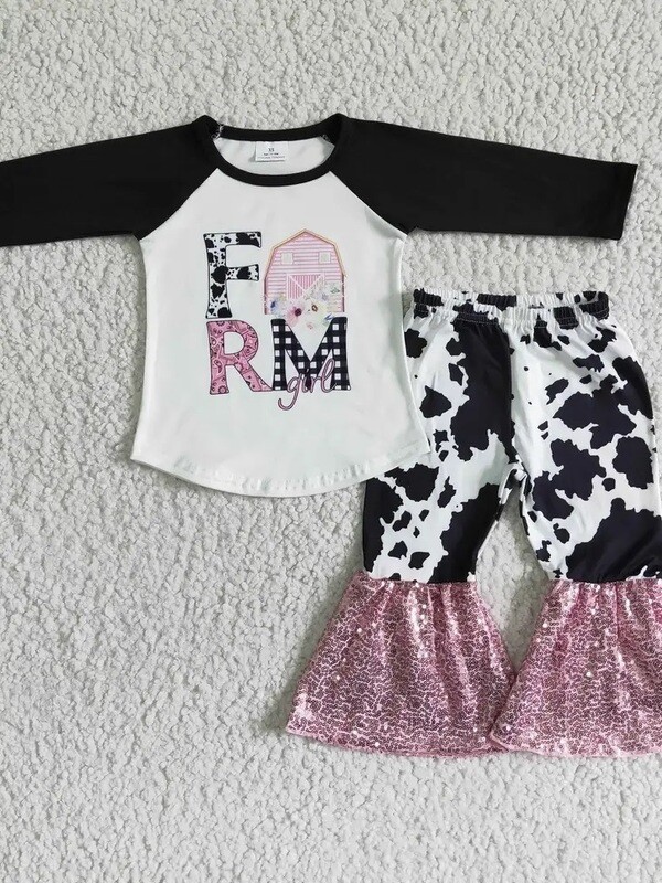Farm Pink Sequin Cow Bell Bottom Outfit - pants girls kids country clothing