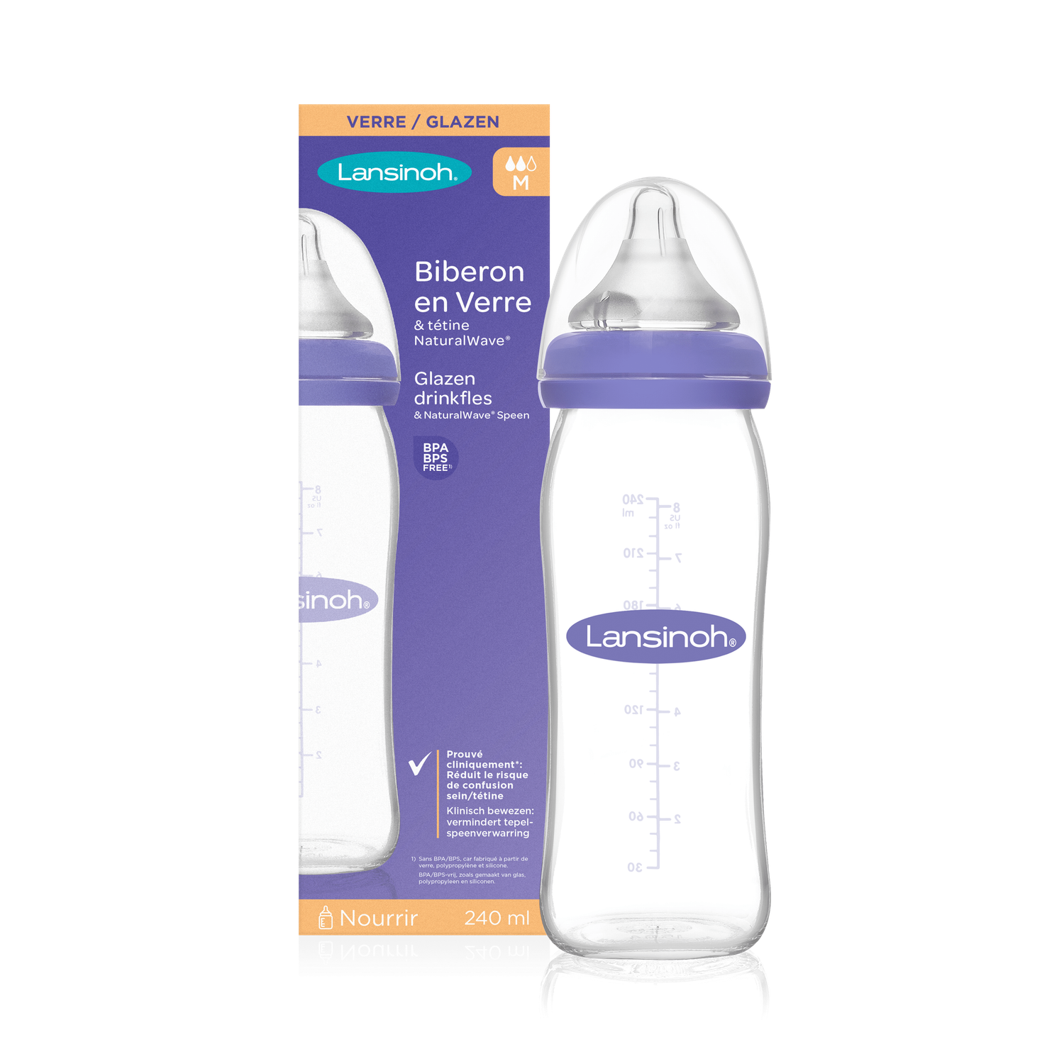 Large glass feeding bottle Lansinoh 240ml