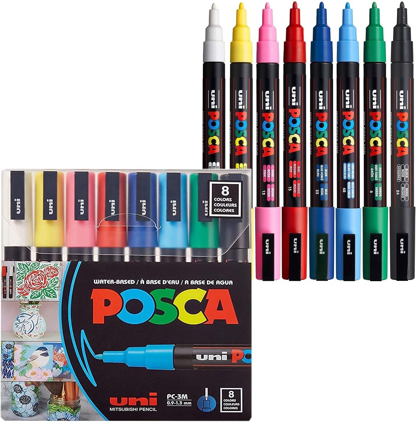 POSCA PC-3M Water-Based Paint Markers, Reversible Fine Tip, Assorted Colors, Pack Of 8 Markers