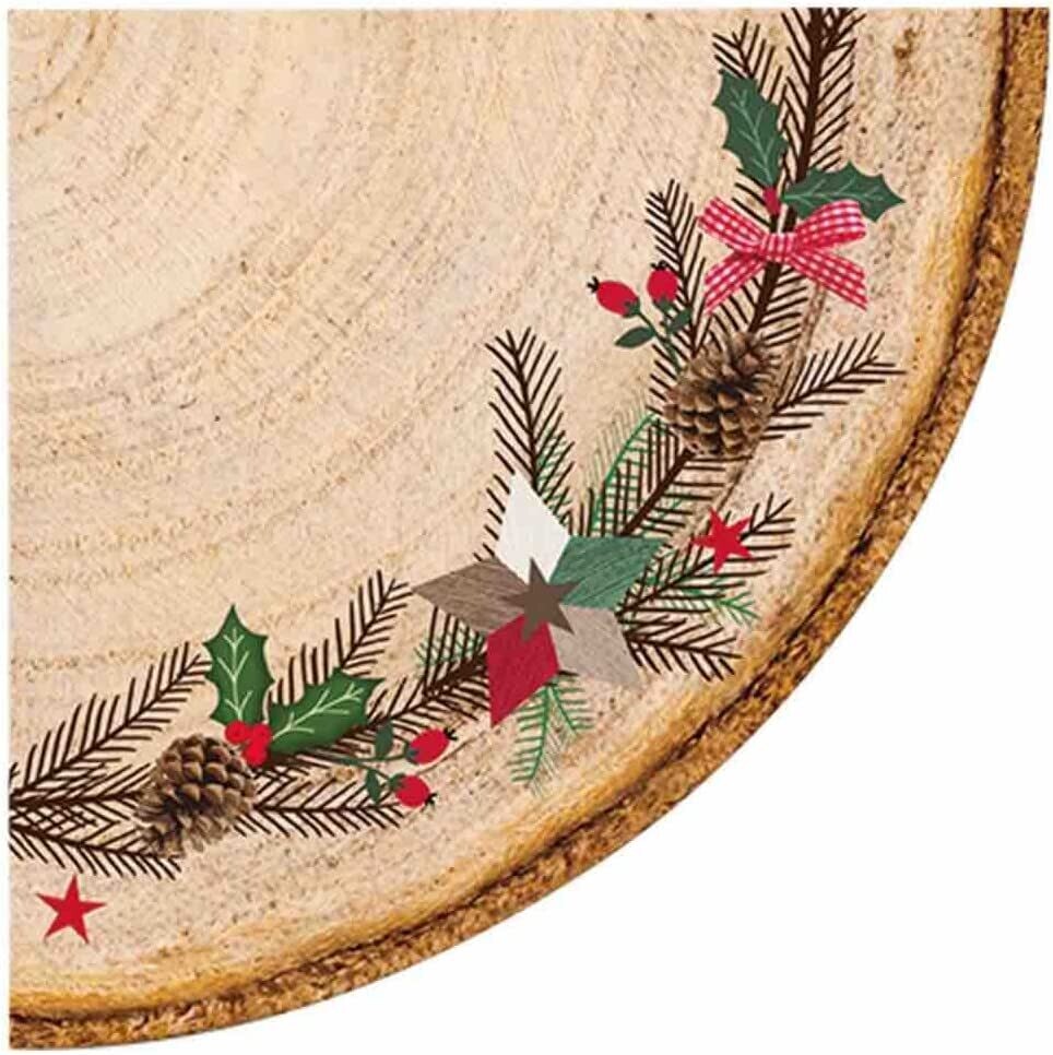 12 Stück Servietten rund  Ø32cm ,3- lagig, Weihnachtskranz - Holzscheibe - Winter - Weihnachten- Wreath Around- Christmas