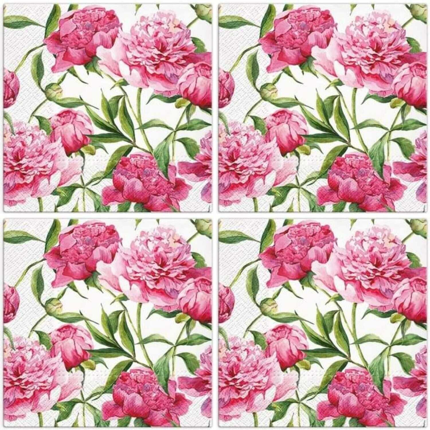 Servietten Blumen,  Papierservietten, 3-lagig, ca 33x33 cm, Rosen, Pfingstrosen -  Pink Peonies - Motivservietten