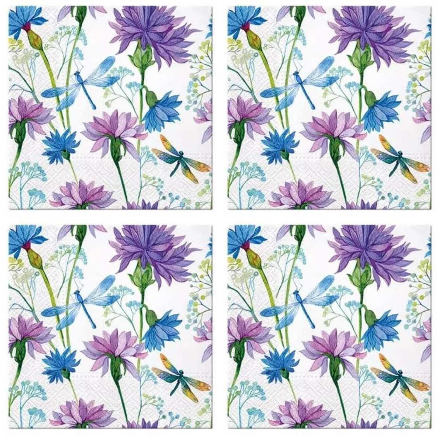 Servietten, 3-lagig ca. 33cm Sommerblumen - Libellen  - Flower With Dragonfly  -Sommer - Floral - Frühling Motivservietten Blumen - Serviette