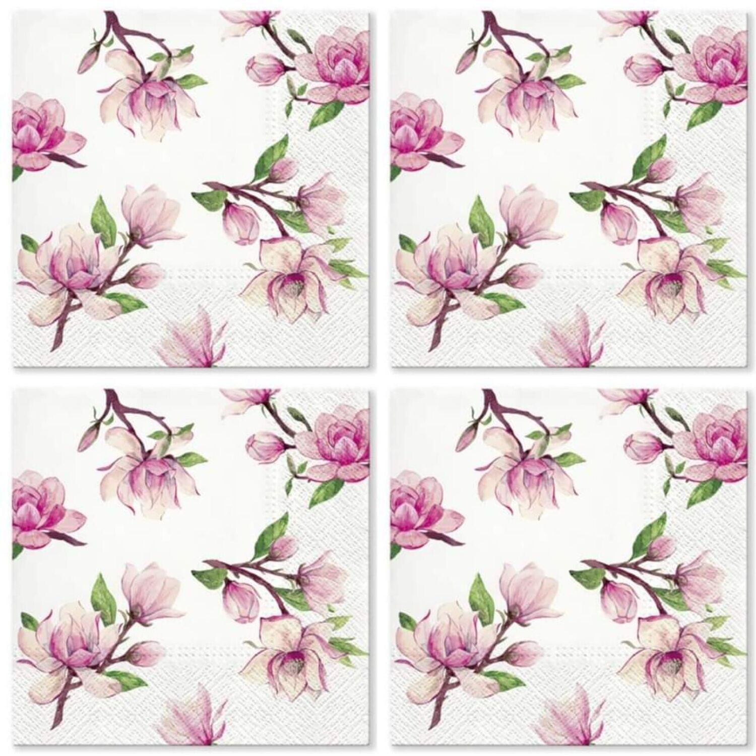 Servietten Sommer, Blumen, 33x33cm, 3-lagig, 20 Stück, Blätter, Magnolia Frühlingssaison