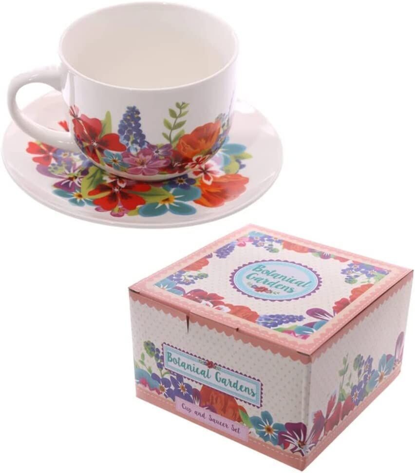 Cappuccino Tasse Set Porzellan  470 ml Botanischer Garten - Blumen  mit Untertasse,  Kaffee- Tee Becher