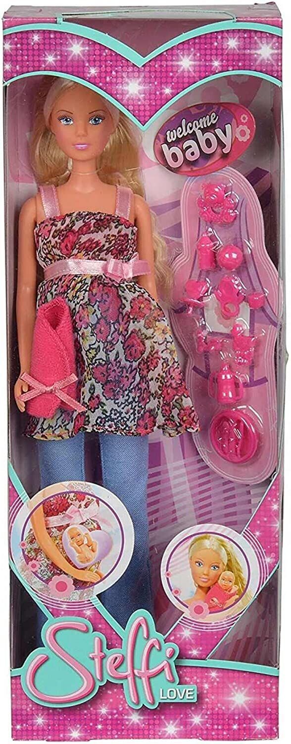 Steffi Love Welcome Baby, schwangere Puppe, mit Baby im Bauch, Zubehör, Ankleidepuppe ca. 29cm