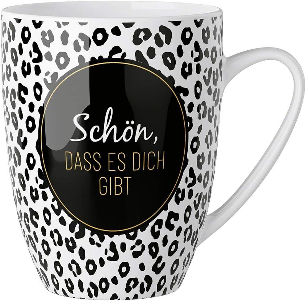Kaffeebecher/Tasse aus Porzellan, Motiv: Schön, dass es dich gibt  - Wild Leomuster t - La Vida - Der Becher mit Botschaft - la vida