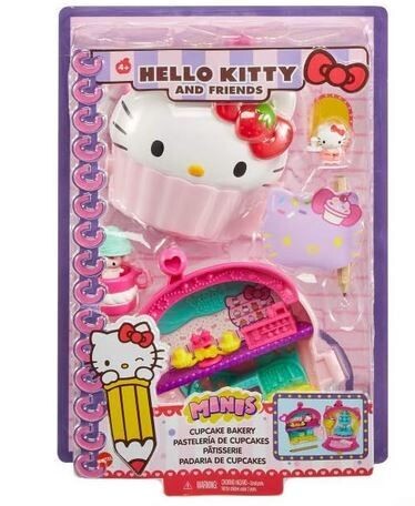 Hello Kitty & Friends Minis Cupcake-Bäckerei Schatulle (12,5 cm) mit 2 Sanrio Minis Figuren, Notizblock und Schreibwarenzubehör