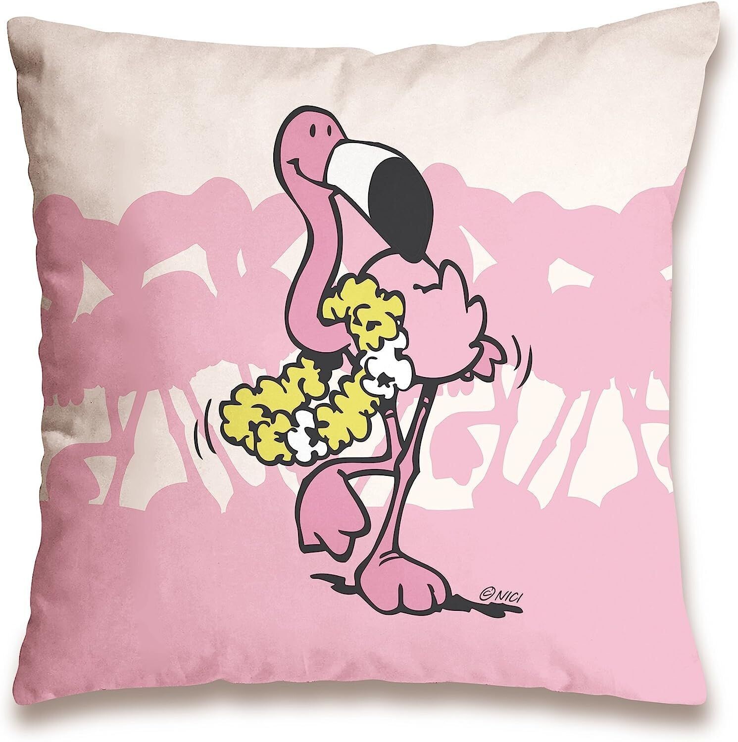 NICI Flamingo Baumwollkissen Flamingo mit Blumenkette, rosa, Bedruckt 37x37cm , 1 Stück