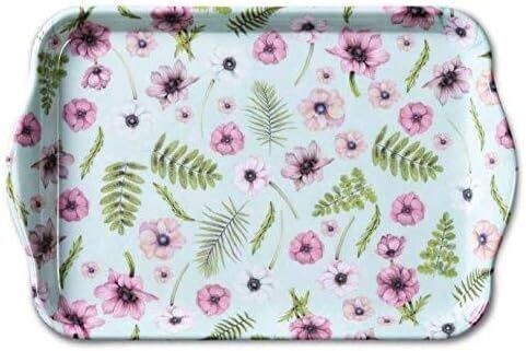 Ambiente Tablett Melamin ca. 13 x 21 cm, Motiv Blumen Blätter Garten- Anemonen , Kaffee, Tee und Espresso Service- Tray