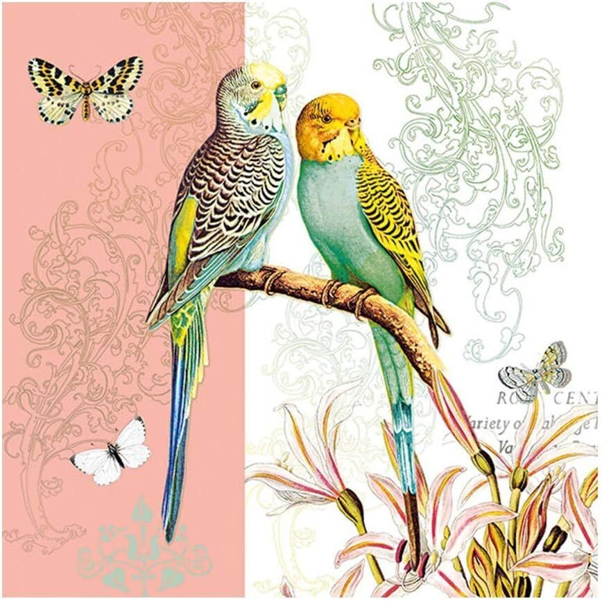 Servietten Wellensittiche ca, 33x33cm 3-lagig, Korallenrot- Vögel- Pflanzen, Serviette Lunch Party als Tischdeko - Decoupage - Serviettentechnik, Ambiente