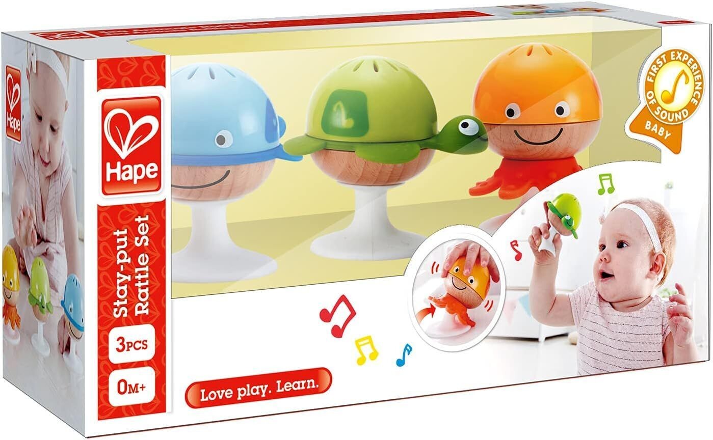 Hape Saugnapf Rasselset | Drei Tiere mit Beißringelementen, Schildkröte, Krake und Wal ca. 7,8 cm