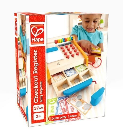 Registrierkasse Hape,  37-teiliges Kassen-Set aus Holz für Kinder - mit Taschenrechner-Funktion