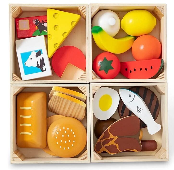 Melissa & Doug Spielwaren Nahrungsmittelgruppen Lebensmittel 4 Holzkisten  - Kinderküche Zubehör - Kaufladen aus Holz