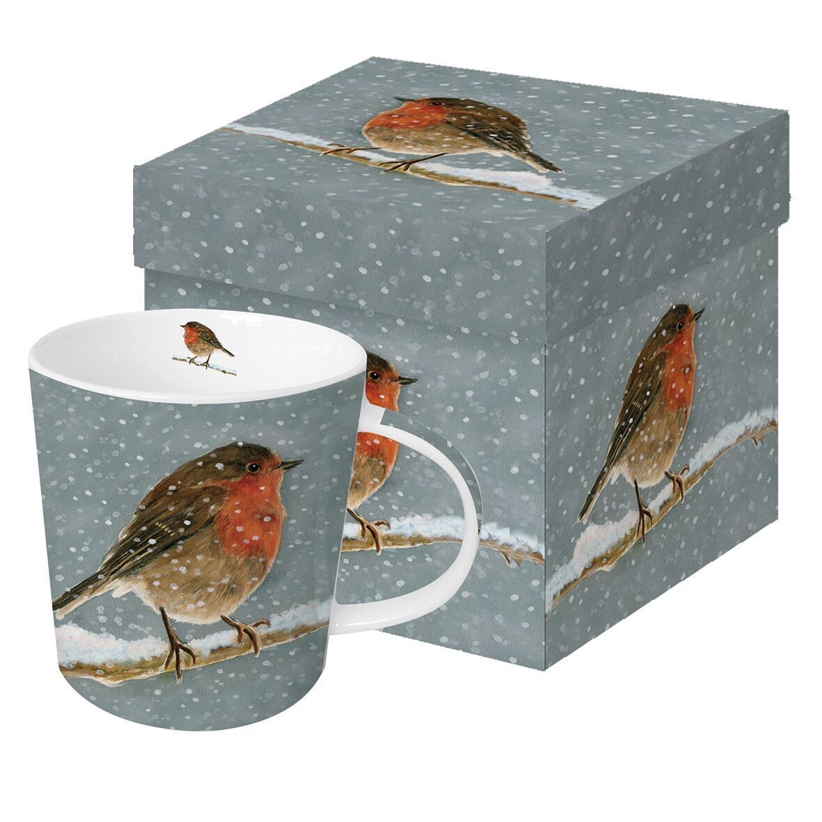 Porzellan-Henkelbecher - Snow is falling - Schnee, Vogel, Rotkehlchen, Ast PPD Design