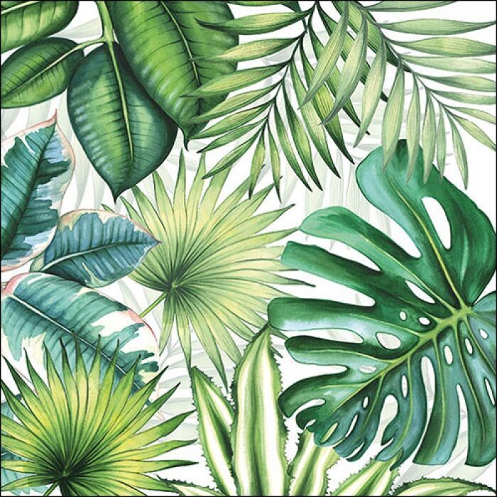 Servietten ca 33x33cm 3-lagig, Tropische Blätter bunt FSC Mix - Tropical leaves white - Party als Tischdeko - Decoupage - Serviettentechnik