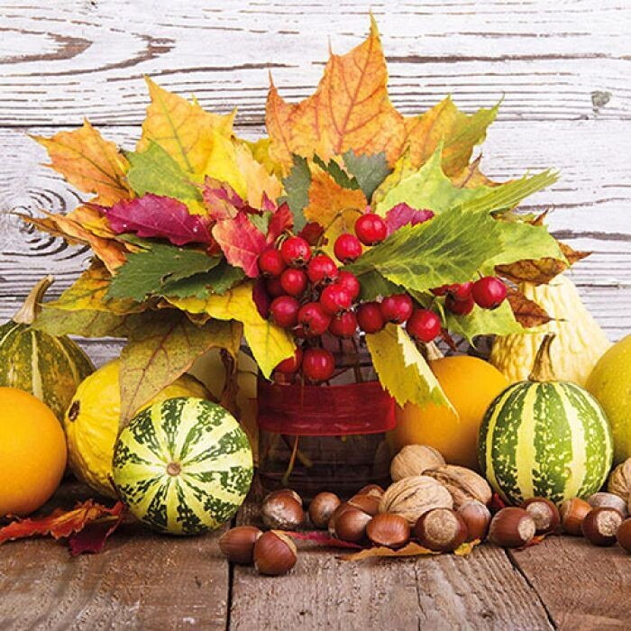 Servietten Herbst ca 33x33cm 3-lagig, Herbststrauß silber FSC Mix - Fall bouquet