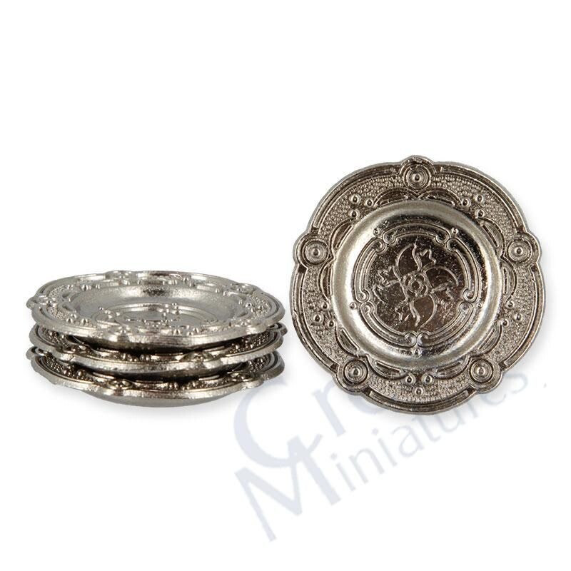 Teller, Miniaturen ,  Puppenstube - Puppenhaus,  4 Teller, silberfarben verziert Metall , Küche, Creal Miniaturen
