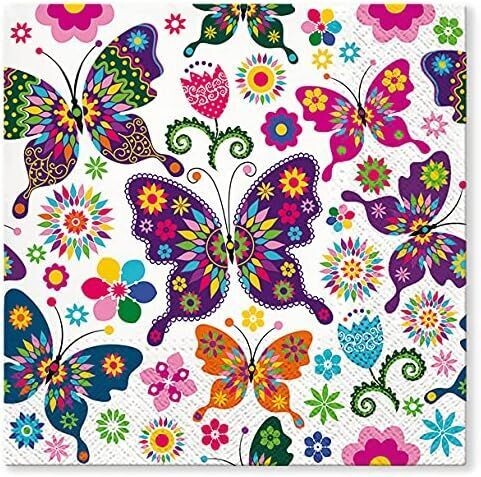 Servietten Tiere, Papierservietten,Schmetterlinge 33x33cm 3-lagig , Party Motive Servietten - Colorful Butterflies (20 Stück )