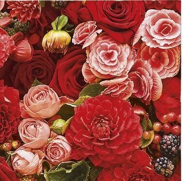 Servietten Blumen,  Rosen 33x33 cm - Roter Blumenstrauß - Red Bouquet (20 Stück)