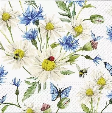 Servietten  Blumen, Kornblumen 33x33cm 3-lagig,  Ladybird in Daisies -  Marienkäfer als Tischdeko (20 Stück)