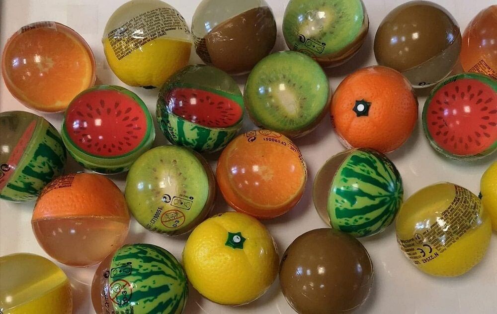 Flummi, Dopsball Früchtedesign Springball 4,3cm Früchte, Zitrone, Kiwi Orange, Wassermelone, Gummiball, Bälle, 4 er Set