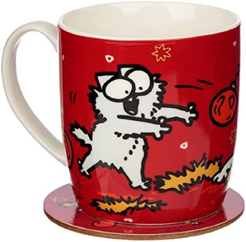 Becher Porzellan Simon's Cat Katze Tasse & Untersetzer Kork - Set