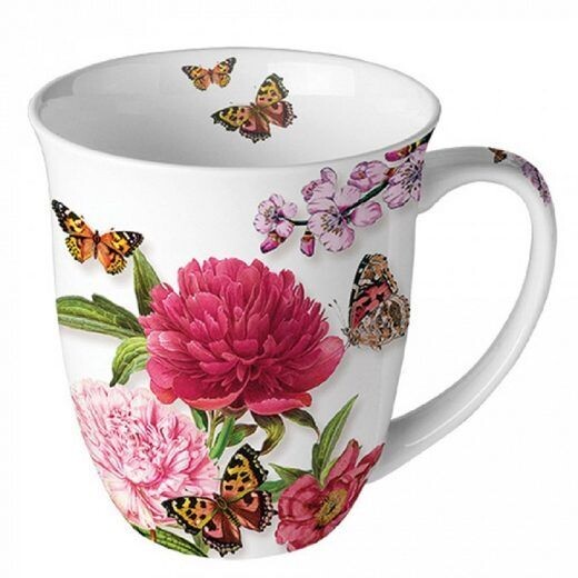Ambiente Becher Porzellan Pfingstrosen weiß - Mug Blumen Tee/Kaffee Tasse, Sommmer/Frühling Motive - Ideal Als Geschenk