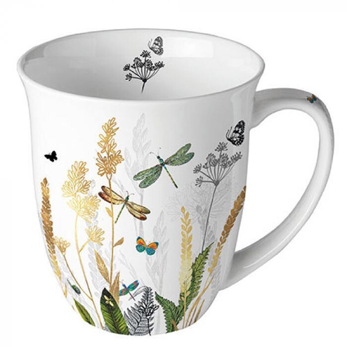 Ambiente Porzellan Becher Blumen  Zierblumen, Libelle - Sommer / Frühling  Kollektion  -  Tee/Kaffee Tasse Mug Ornamental flowers