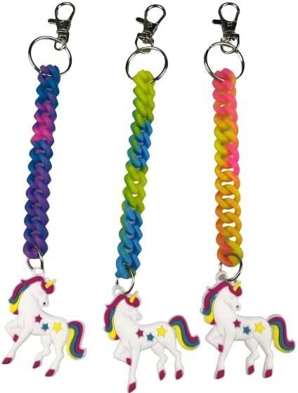 3er Set Einhorn Regenbogen mit Karabiner und Ring -Spiralkette, 21cm Schlüsselkette Schluesselanhänger, Regenbogenspirale, LG Design