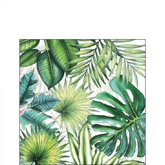 Coctailservietten Tropical leaves white FSC Mix, 20 Stück Papierservietten, 3-lagig ca. 25cm