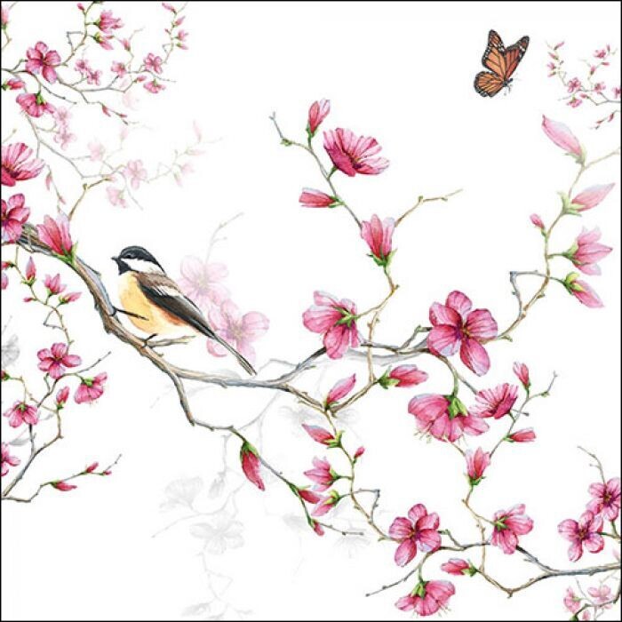 Vogel und Blüte Servietten / Bird & blossom white / Papierservietten, 3-lagig ca. 33cm, Tischdeko Vogel und Blüte Servietten / Bird & blossom white / Papierservietten, 3-lagig ca. 33cm, Tischdeko