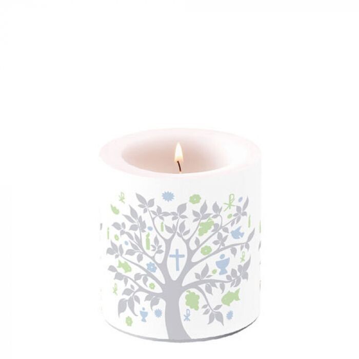 Tischkerze Kommunion, Konfirmation, Baum in Silber - Candle  Communion symbols silver ca. Ø 7,5 - h 9 cm