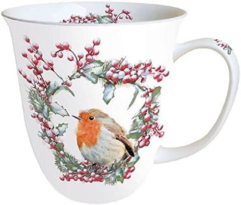 Becher Vogel  Porzellan Tasse  -  Frühling/Sommer Mug,Kollektion , Robin im Kranz