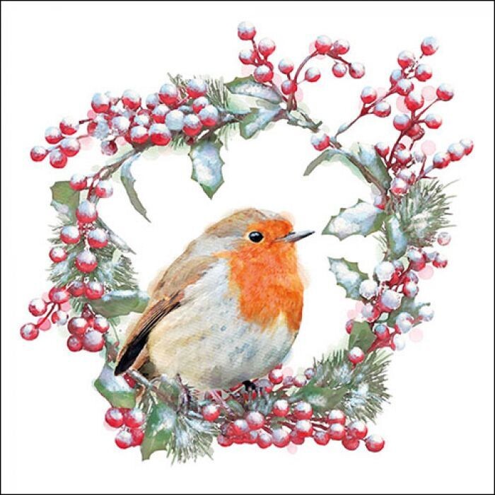 Robin im Kranz - Robin in wreath FSC Mix,  20 Stück Papierservietten, 3-lagig ca. 33cm
